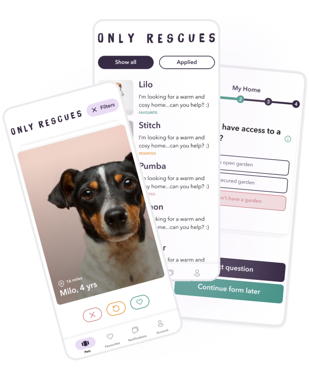 Examples of how the Only Rescues app works including example pet profiles and favourites list